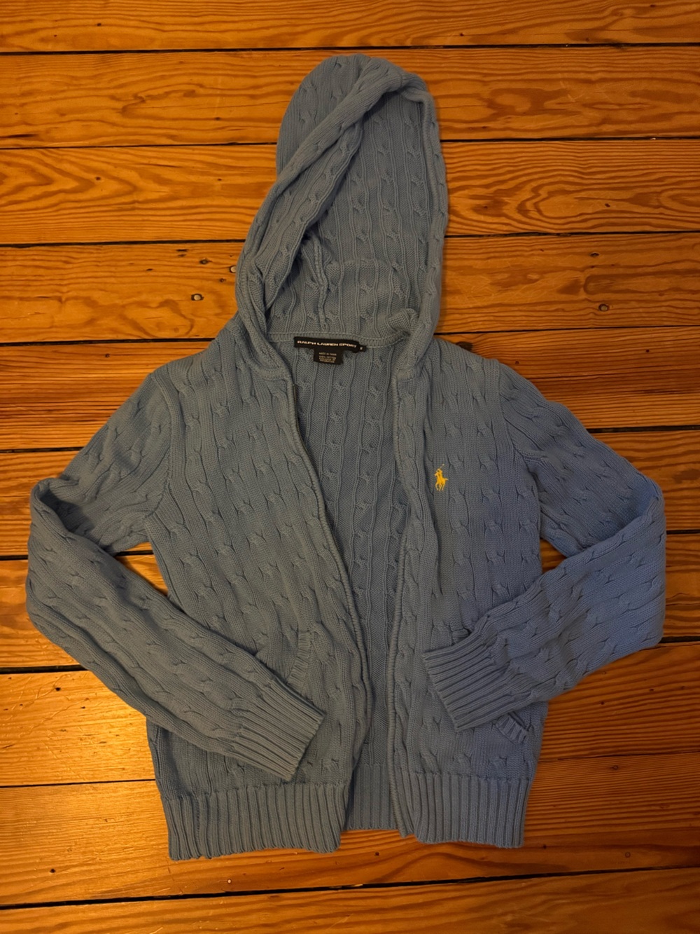 Ralph Lauren Light Blue Cable-Knit Hooded Cardigan